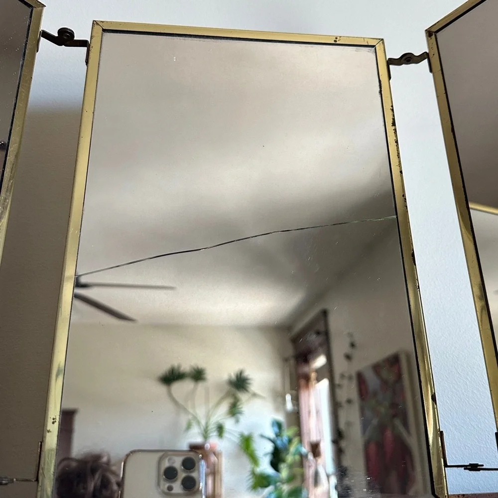 Vintage Tri Fold Vanity Mirror Gold MCM 1960s
